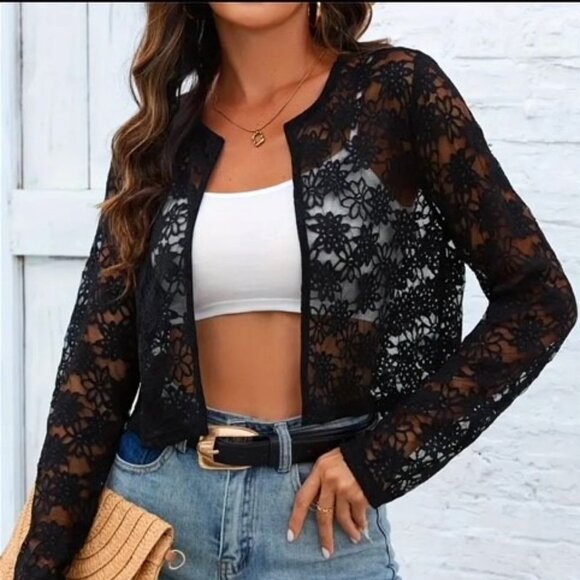 Floral Pattern Semi-Sheer Lace Open Front Cropped Cardigan - Black - XXL (14) - Picture 1 of 5